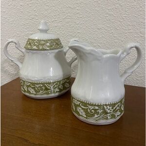 Vintage Sterling Colonial Iron Stone England Olive Green Creamer and Sugar Set